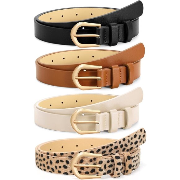 4 Pack Women's Thin Leather Belt Waist Belts  Jeans Dress with Gold Buckle 7 - Picture 1 of 6